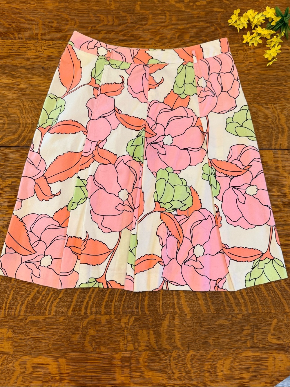 Essentials Pink Floral A-Line Skirt with Coral and Green Accents